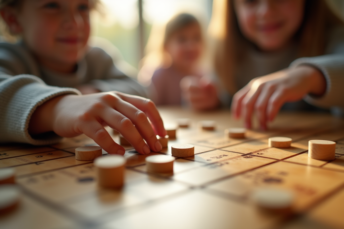 Mains d enfants manipulant des pièces sur un plateau de jeu en bois