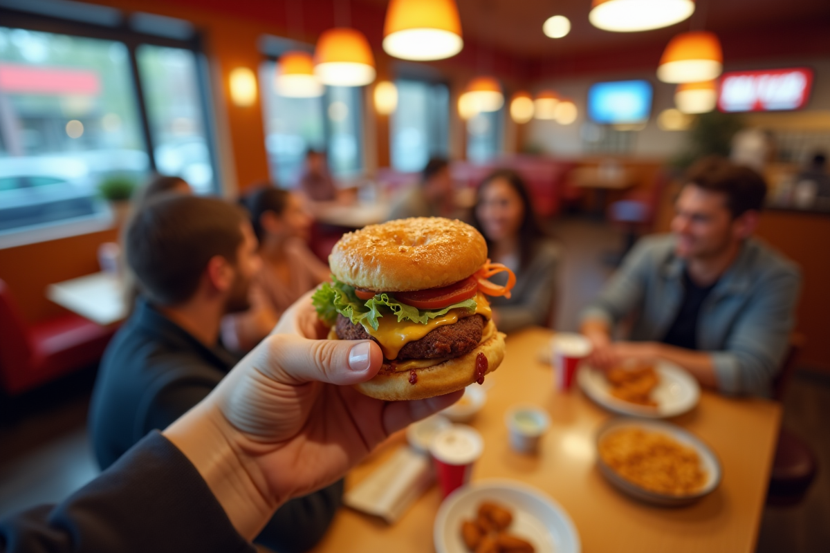 Main attrapant une cobette de poulet dans un restaurant animé