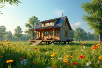 Petite maison en bois sur pilotis dans un champ verdoyant