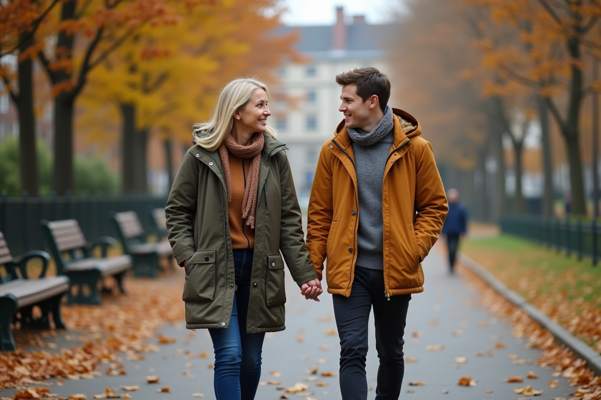 Mère et adolescent discutent dans un parc en automne