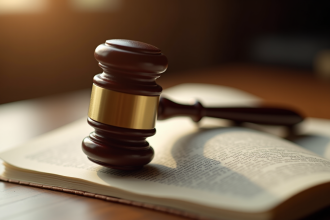 Marteau de justice posé sur un livre ouvert avec texte légal