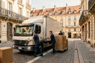 Équipe de déménageurs professionnels chargeant un camion blanc dans une rue lyonnaise typique du Rhône