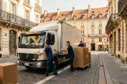 Équipe de déménageurs professionnels chargeant un camion blanc dans une rue lyonnaise typique du Rhône