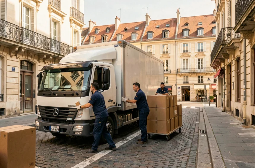 Équipe de déménageurs professionnels chargeant un camion blanc dans une rue lyonnaise typique du Rhône
