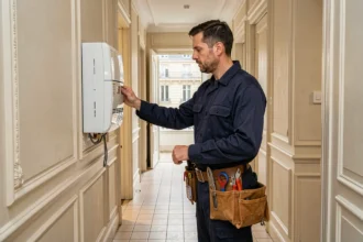 Technicien chauffagiste professionnel inspectant un système de chauffage dans un immeuble parisien typique d'Île-de-France