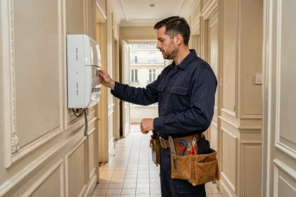 Technicien chauffagiste professionnel inspectant un système de chauffage dans un immeuble parisien typique d'Île-de-France