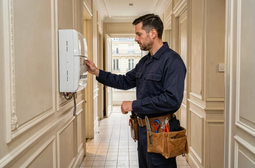Technicien chauffagiste professionnel inspectant un système de chauffage dans un immeuble parisien typique d'Île-de-France