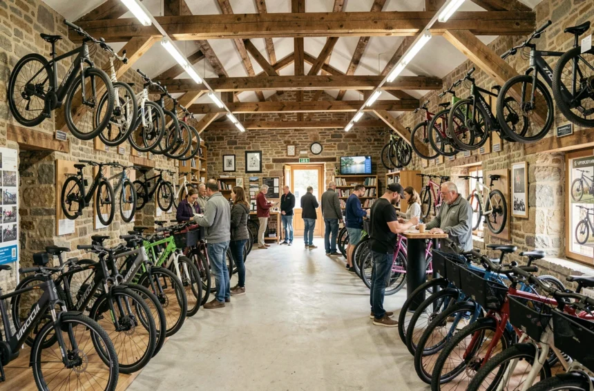 Intérieur d'un magasin de vélos électriques en Bretagne avec des clients qui découvrent différents modèles exposés