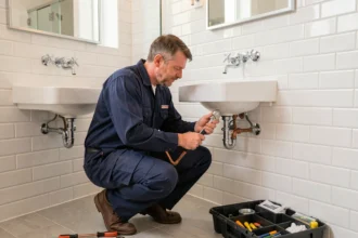 Plombier professionnel en uniforme bleu marine travaillant sur des tuyaux en cuivre dans une salle de bain moderne dans l'Eure