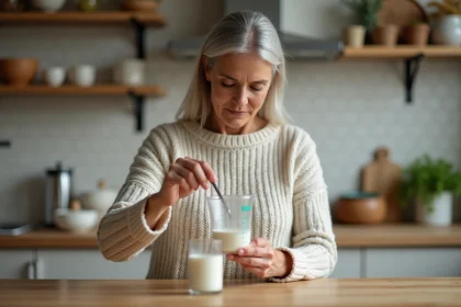 Femme mesurant 50 ml de lait dans une cuisine chaleureuse