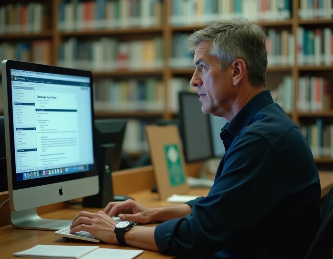 Homme d'âge mûr en train de mettre à jour son adresse sur un portail administratif en ligne depuis un poste informatique en bibliothèque publique