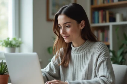 Femme concentrée qui modifie son adresse sur l'espace personnel France Travail depuis un ordinateur portable à son bureau à domicile
