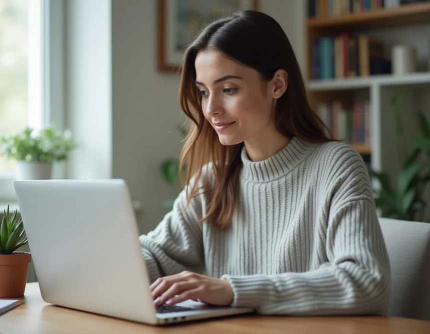 Femme concentrée qui modifie son adresse sur l'espace personnel France Travail depuis un ordinateur portable à son bureau à domicile