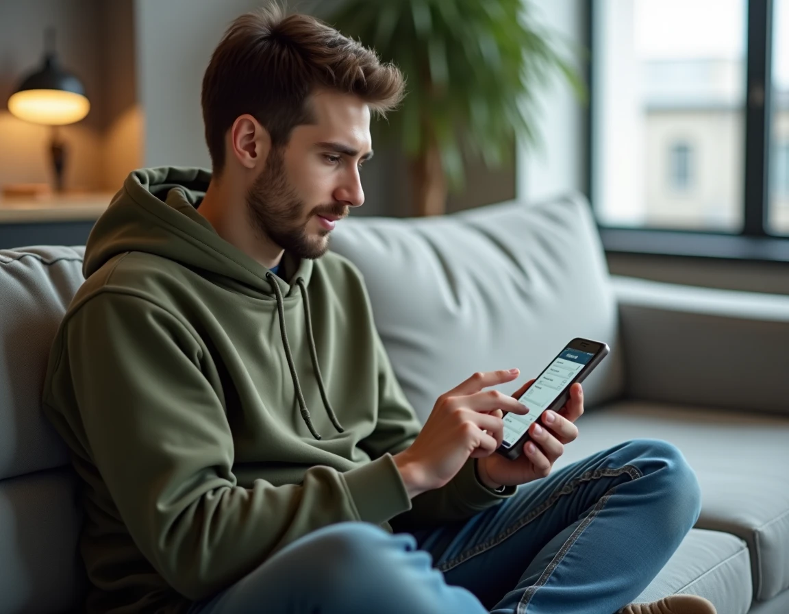 Jeune homme consultant et modifiant ses informations d'adresse sur son smartphone depuis son canapé dans un appartement moderne
