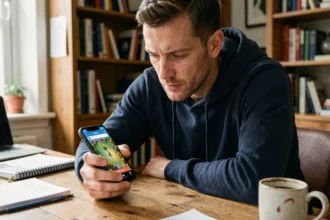 Homme jouant à Monopoly GO sur smartphone dans un bureau à domicile, illustrant les nouvelles fonctionnalités Tycoon Club et Com Magnat