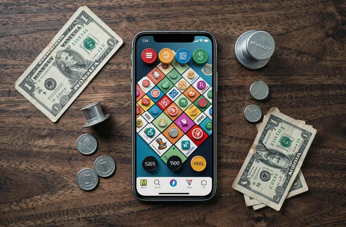 Vue aérienne d'un smartphone affichant Monopoly GO entouré de jetons et billets de jeu, illustrant les fonctionnalités Com Magnat et Tycoon Club