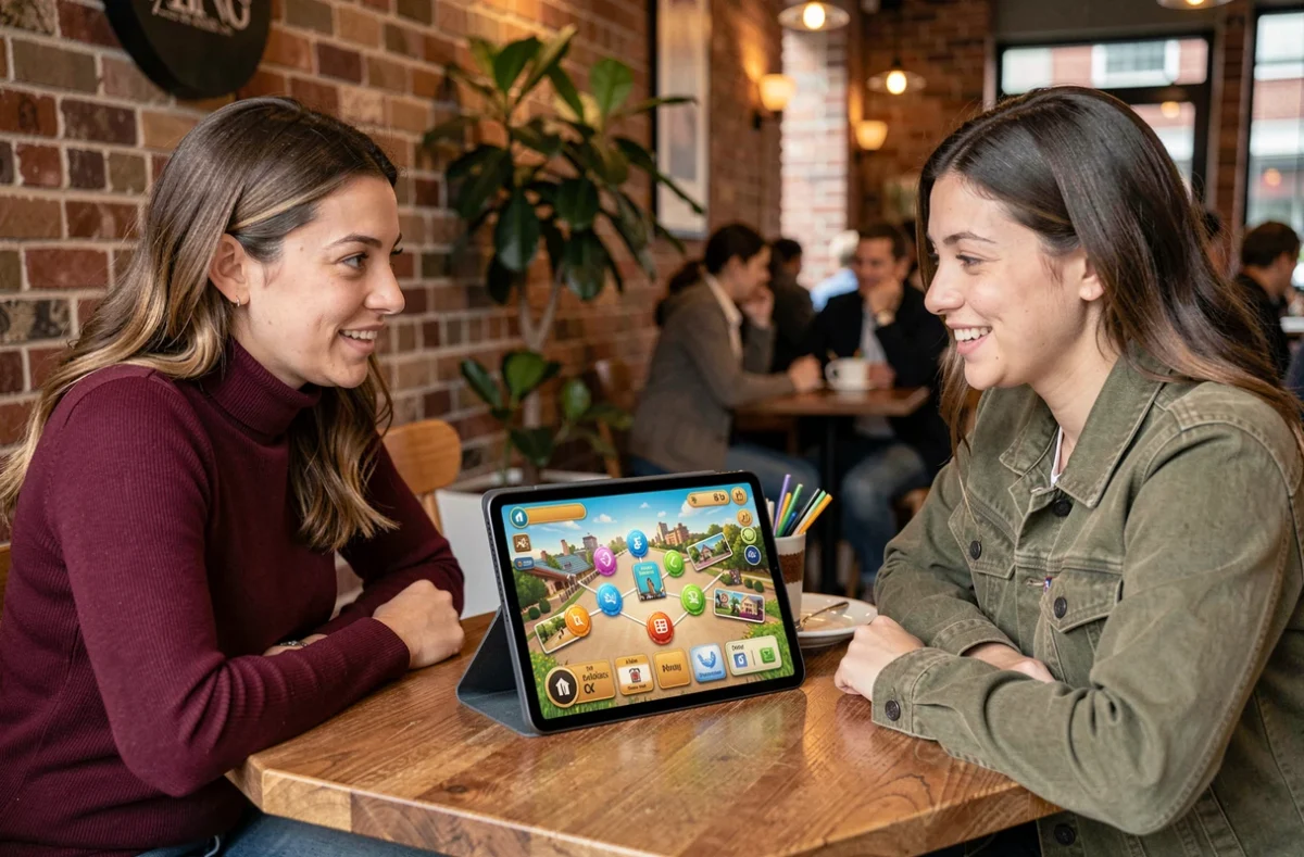 Deux femmes découvrant ensemble les mises à jour de Monopoly GO dont le Tycoon Club dans un café, sur tablette