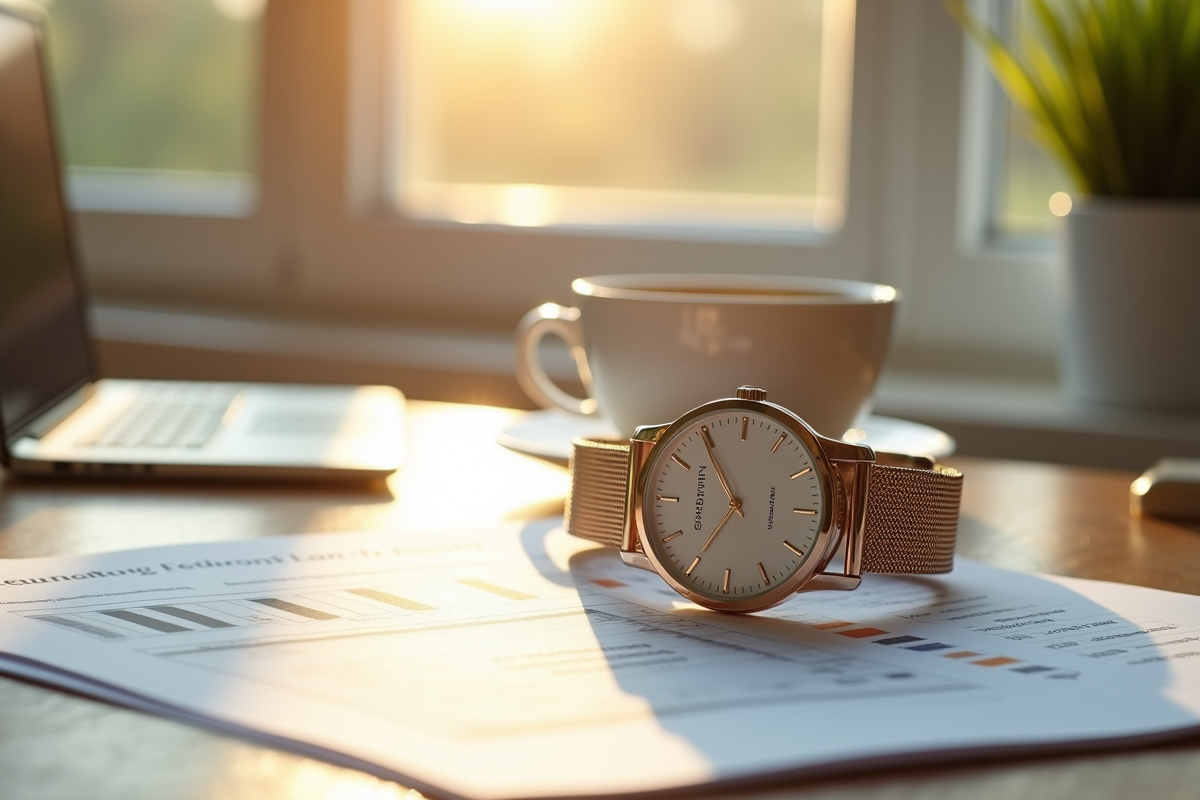 Montre elegante sur document de retraite et tasse de cafe