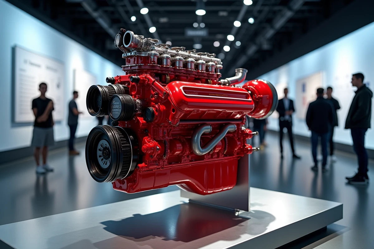 Moteur hybride turbo V6 de Formule 1 exposé en musée automobile avec détails techniques visibles