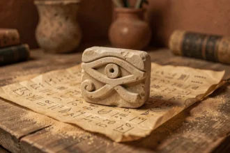 Amulette de l'œil d'Horus en pierre sculptée posée sur un papyrus ancien couvert de hiéroglyphes