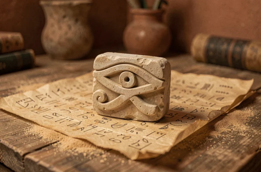 Amulette de l'œil d'Horus en pierre sculptée posée sur un papyrus ancien couvert de hiéroglyphes