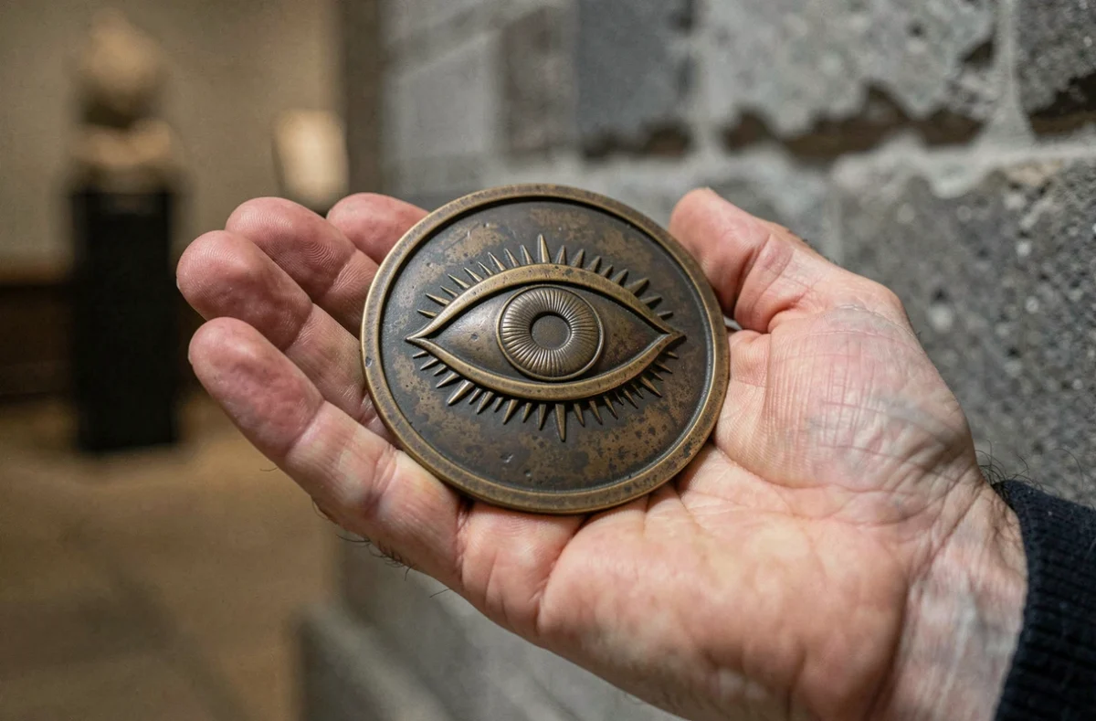 Médaillon en bronze gravé d'un œil de la Providence tenu dans la main d'un homme dans un musée historique