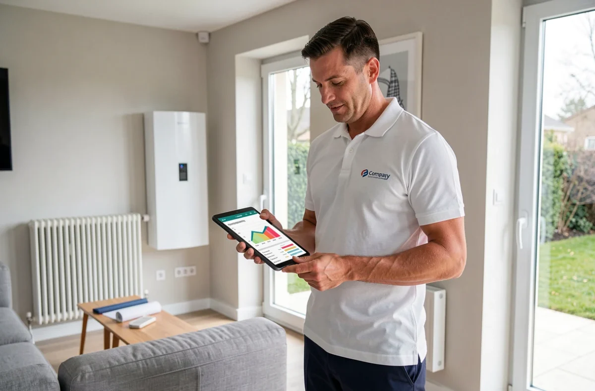 Consultant en optimisation énergétique d'OHE réalisant un audit habitat dans une maison moderne de banlieue parisienne