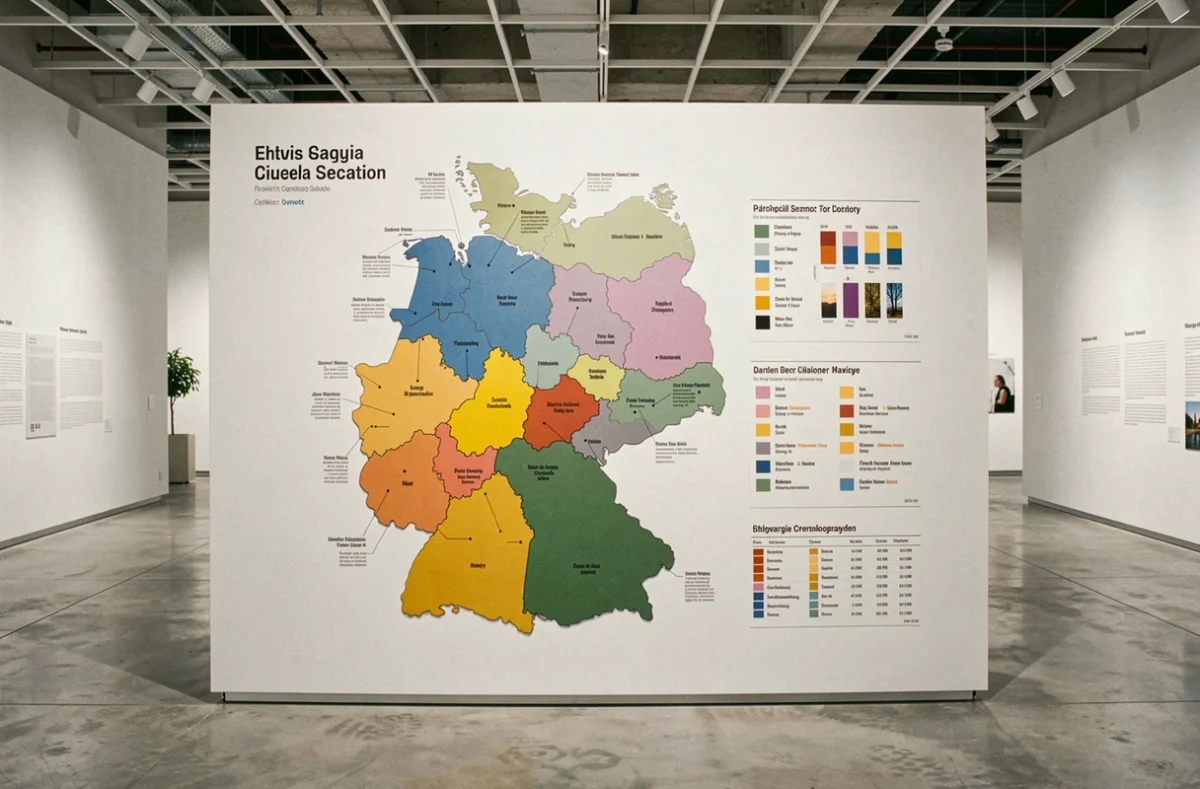 Panneau d'exposition muséale présentant une carte commentée du fédéralisme et des Länder allemands