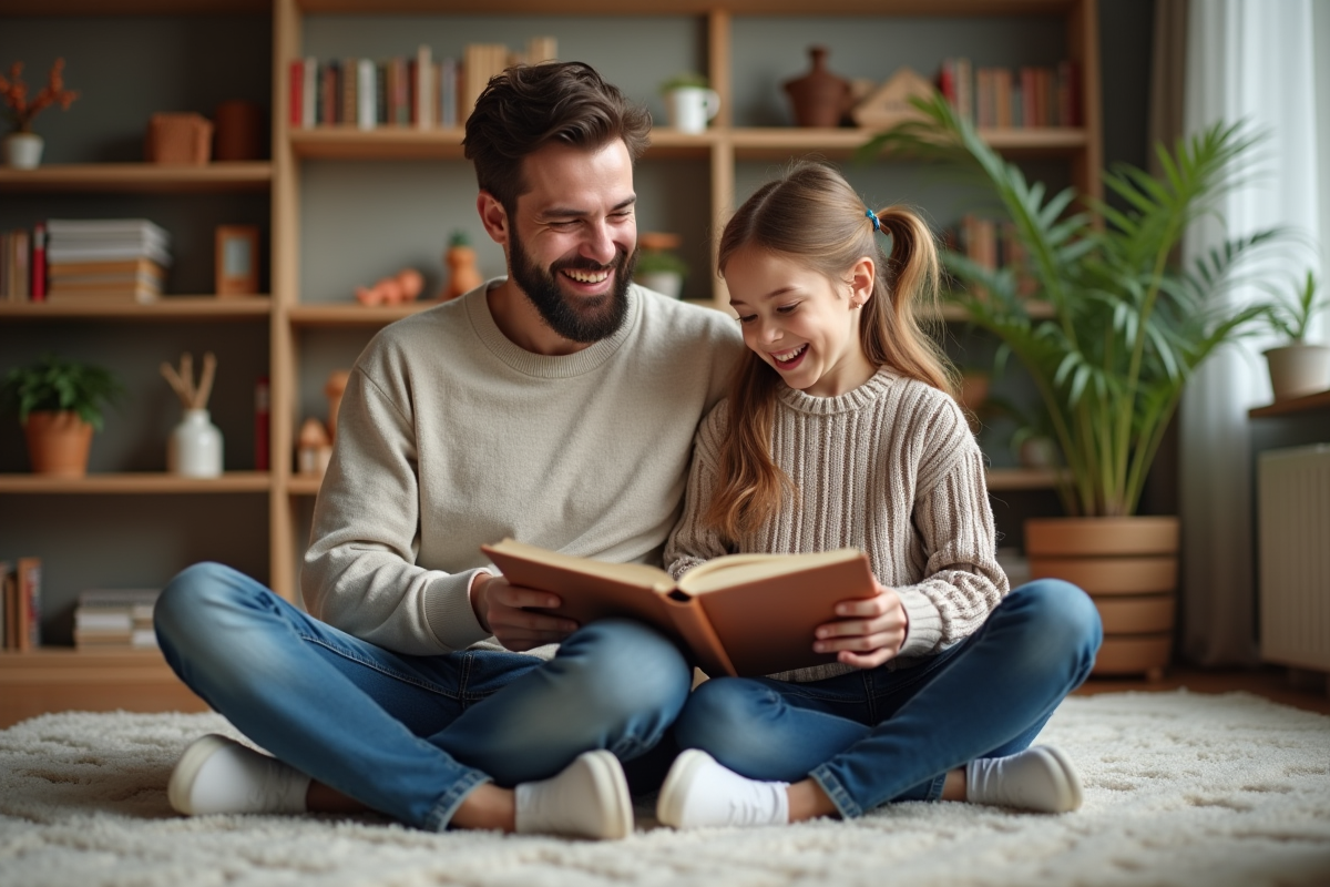 Père et fille rient ensemble en lisant un livre à la maison