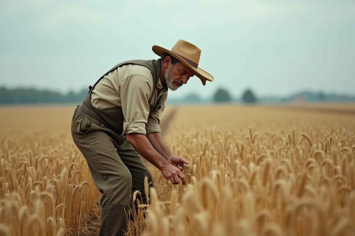 Paysan réaliste glânant des épis de blé dans un champ agricole, évoquant l'œuvre de Jean-François Millet