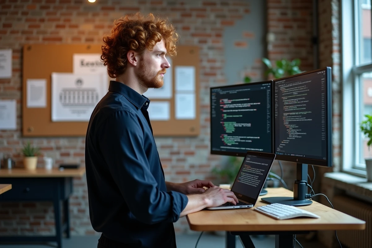 Designer analysant les performances de chargement de polices web et les résultats d'audit dans un espace de travail industriel
