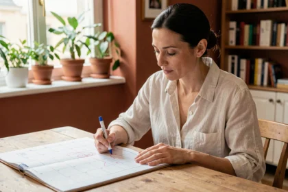 Femme planifiant les vacances scolaires 2026 sur un calendrier papier dans un appartement parisien