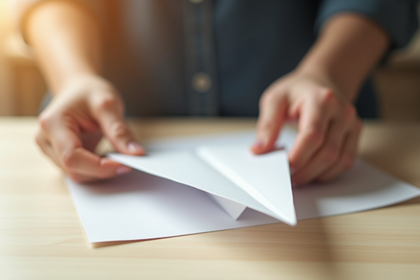 Mains d'adulte pliant un papier pour un avion en papier sur une table lumineuse
