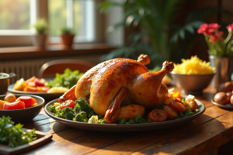 Poulet rôti doré sur table en bois rustique avec légumes