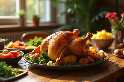 Poulet rôti doré sur table en bois rustique avec légumes
