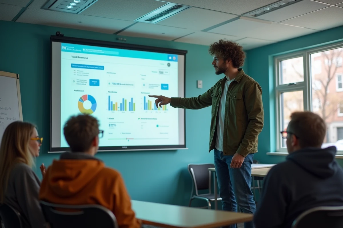 Présentation d'une solution web associative lors d'une réunion de bénévoles dans une salle communautaire