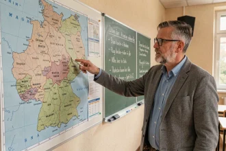 Professeur désignant une carte politique de l'Allemagne avec les Länder annotés dans une salle de classe