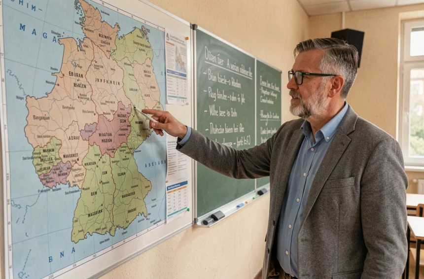 Professeur désignant une carte politique de l'Allemagne avec les Länder annotés dans une salle de classe
