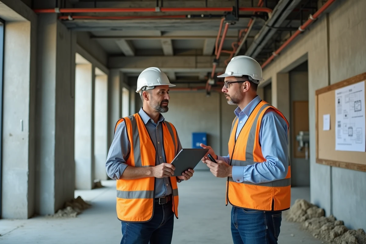 Deux professionnels du bâtiment évaluant les besoins en puissance électrique sur un chantier de construction commercial