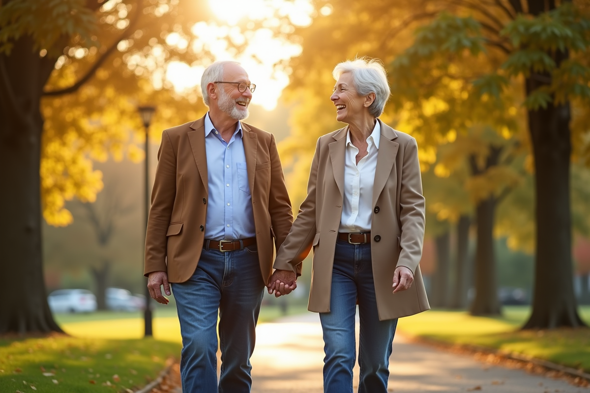 Couple dans la quarantaine partageant une blague dans un parc ensoleille
