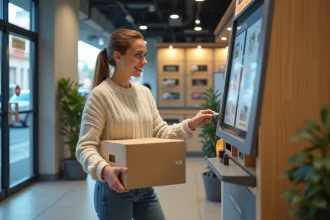 Femme déposant un colis dans un point relais urbain