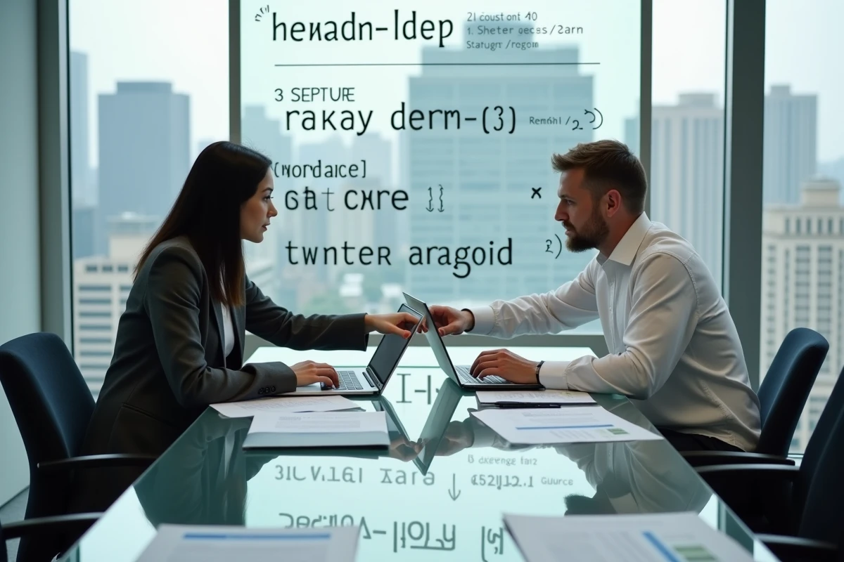 Deux professionnels du web discutant des bonnes pratiques d'intégration de la police Helonia Neue lors d'une réunion avec des guides de style imprimés