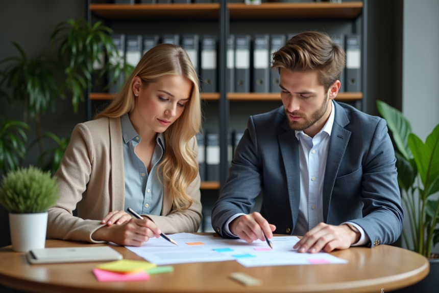 Femme d'âge moyen et jeune homme discutant documents au bureau