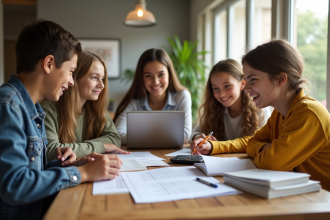 Groupe d'élèves et parents discutant de scolarite en famille