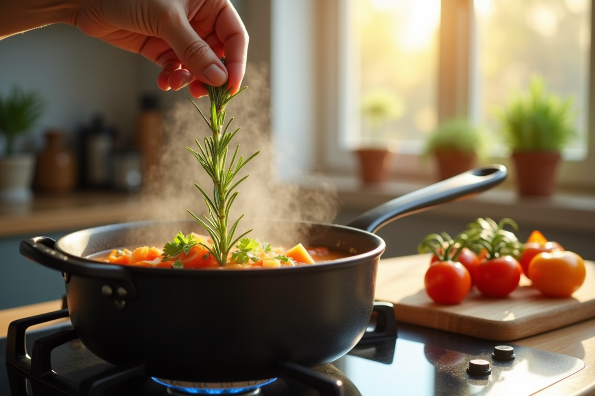 Romarin ajouté à une soupe de légumes en cuisson sur la cuisinière