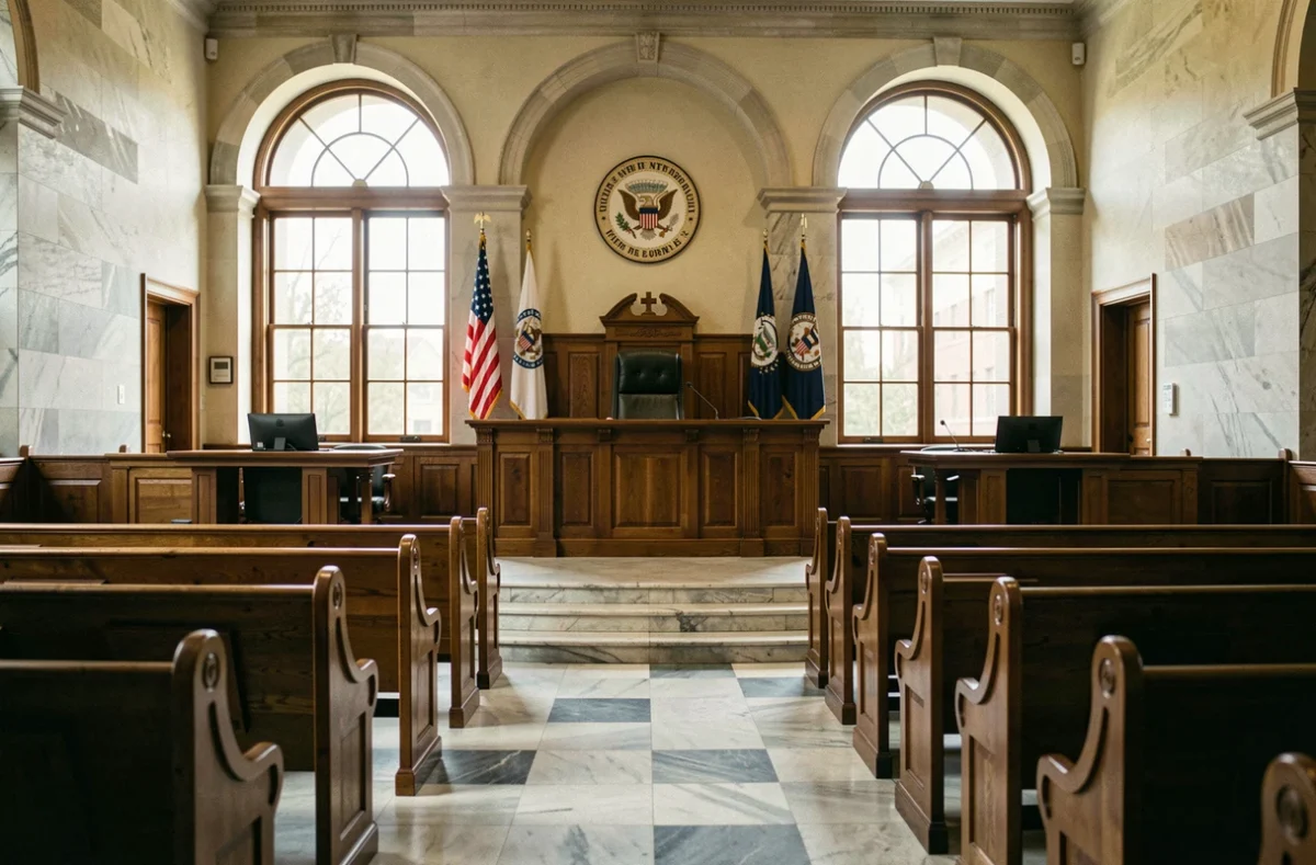 Salle de tribunal américaine vide et solennelle évoquant l'atmosphère judiciaire du film Juré n°2 et la question de la justice