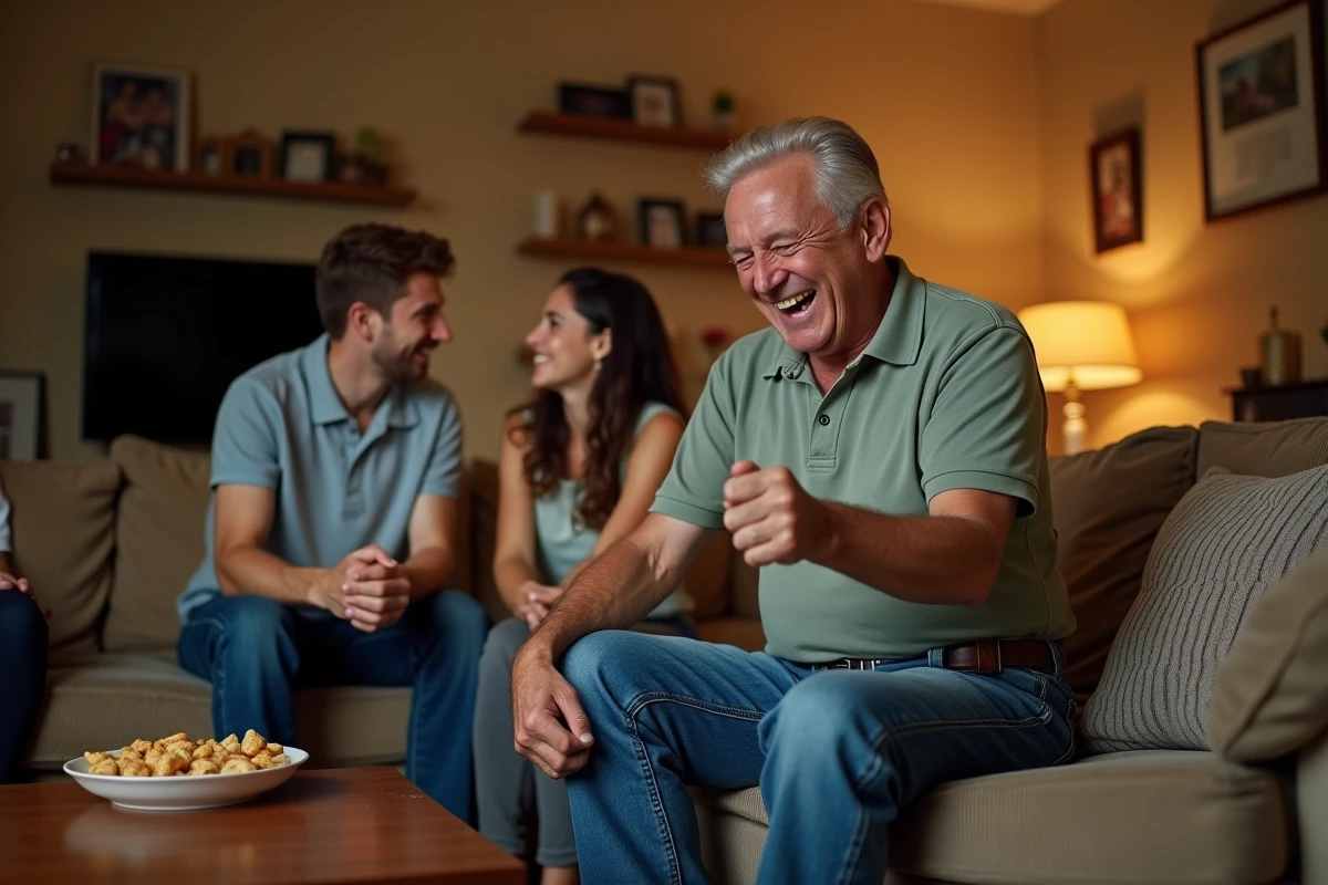 Homme d'âge mûr riant de sa propre blague lors d'une soirée tandis que de jeunes adultes échangent un regard complice, illustration du concept de beaufitude