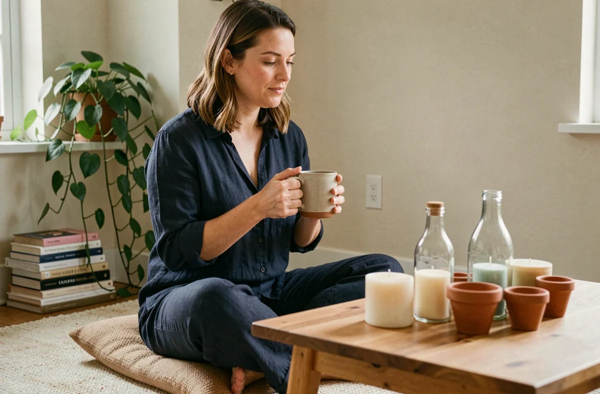Femme détendue savourant une soirée cocooning entourée de bougies DIY dans des pots recyclés et bocaux artisanaux posés sur une table basse en bois