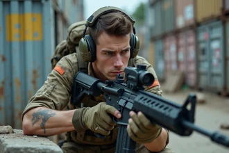 Jeune homme en tenue tactique avec fusil dans un environnement urbain