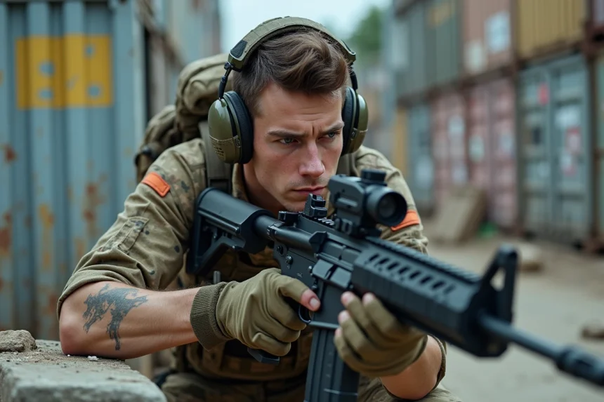 Jeune homme en tenue tactique avec fusil dans un environnement urbain